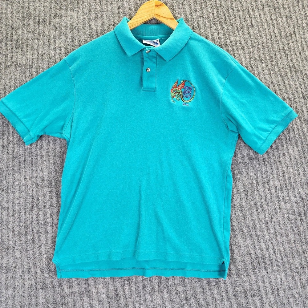 Vintage Hong Kong Cafe Vail Polo Shirt Mens L Teal Single Stitch Colorado USA